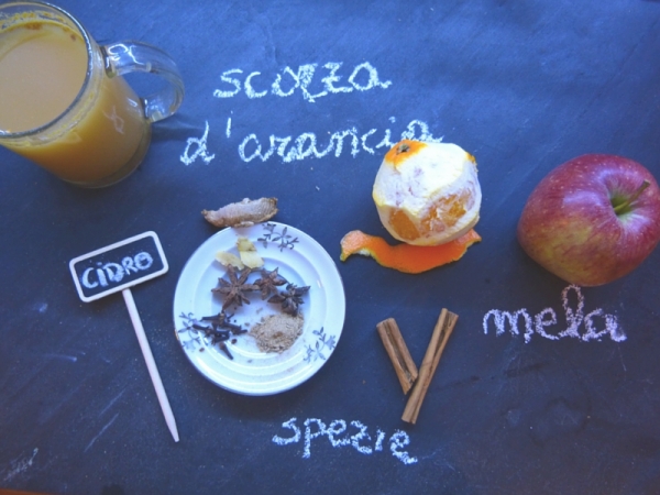 Estratto di mele caldo con spezie e scorza d&#039;arancia